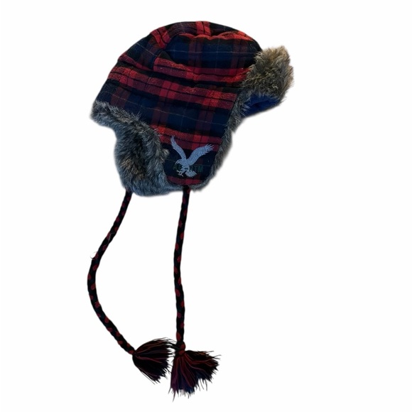 American Eagle Plaid Trapper Hat Faux Fur Lined Winter Ear Flap Aviator Ski - Picture 2 of 6